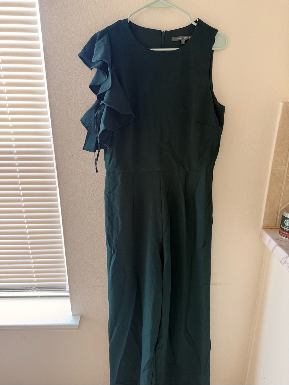 Ruffled One-Shoulder Jumpsuit in Deep Green
